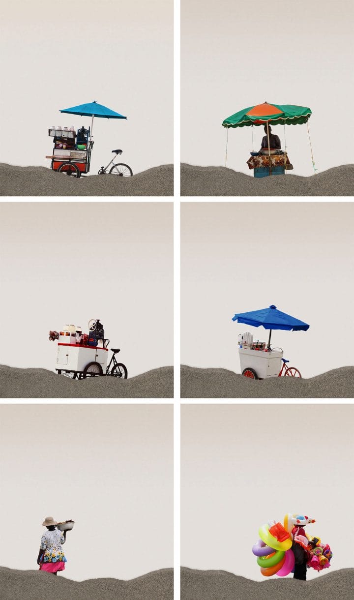 série de photos qui représentent des marchands ambulants et des stands submergés par le sable 