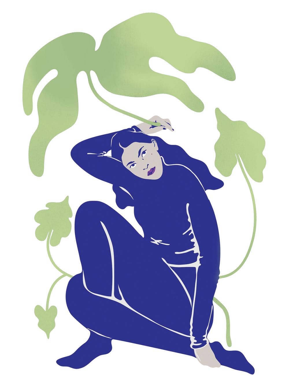 Astrid Linnéa Anderson, Personnage féminin et une plante à l'arrière plan. Elle est de couleur bleu et reprend l'esthétique de Matisse. 