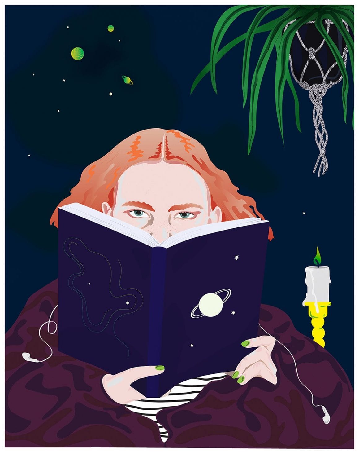 Astrid Linnéa Anderson, Personnage féminin lisant un livre stellaire. Elle a les cheveux orange et le vernis vert. 