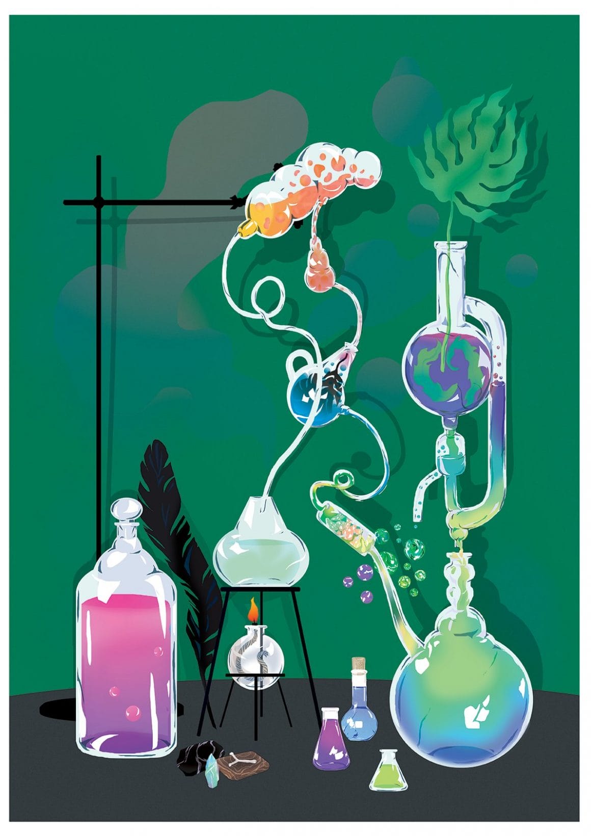 illustration représentant une expérience chimique dans un laboratoire. 