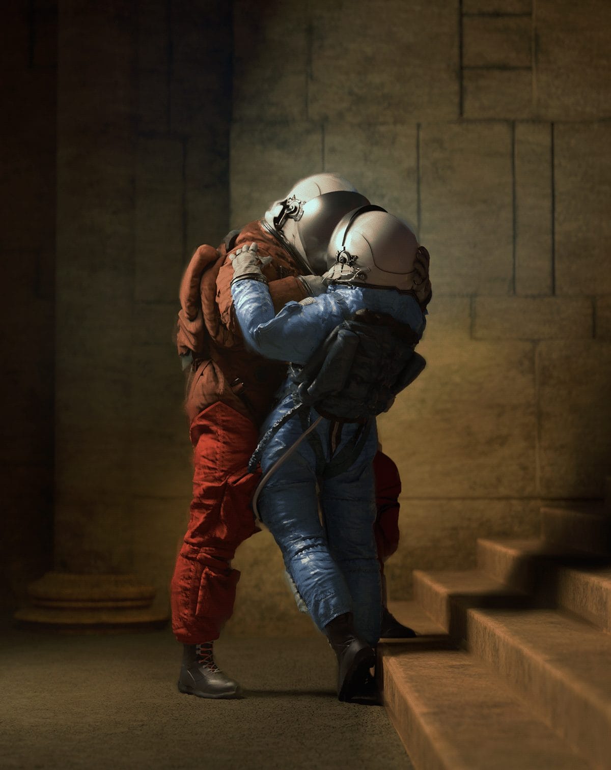 Le baiser par Elia Pellegrini. Deux cosmonautes s'embrassent. 