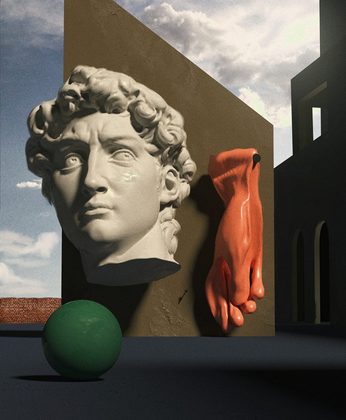 The song of love repris par Elia Pellegrini. Une tête de stage, une balle verte, un immense gant orange suspendu