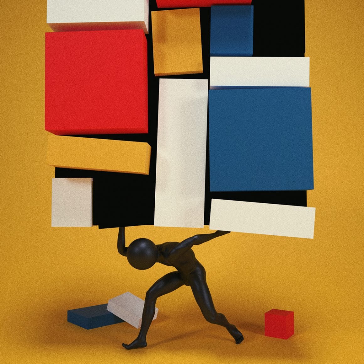 Composition with large red plane, Yellow, black, gray ans Blue par Elia Pellegrini. Un personnage soulève tel Atlas une création de Mondrian. 