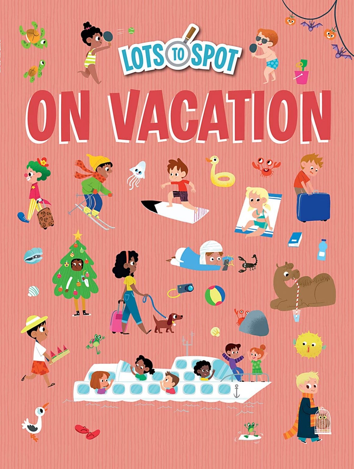Lots to spot, on vacation par Genie Espinosa en 2019 (couverture de Lots to Spot on vacation). Couverture rose  avec différents petits dessins de personnages ou d'éléments à retrouver dans le livre. 