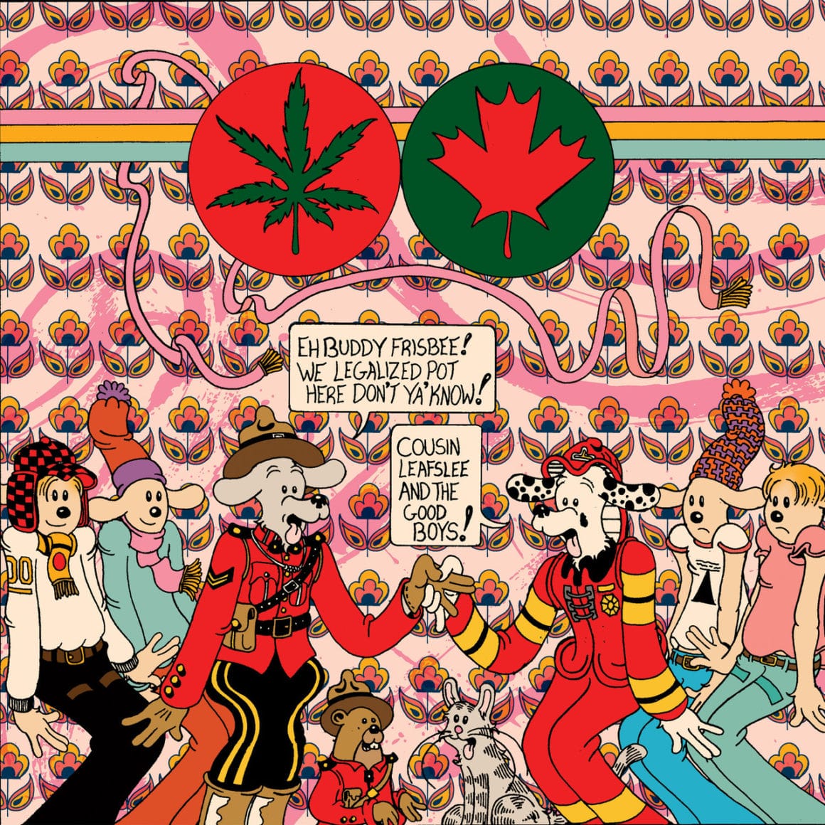 Brian Blomerth, deux officiers se réunissant sous les emblèmes de la marijuana et du Canada. 