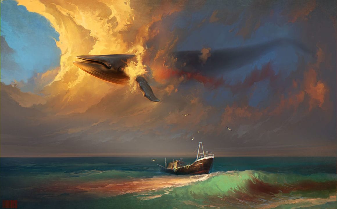 Baleine traversant les nuages au dessus d'un bateau en pleine mer