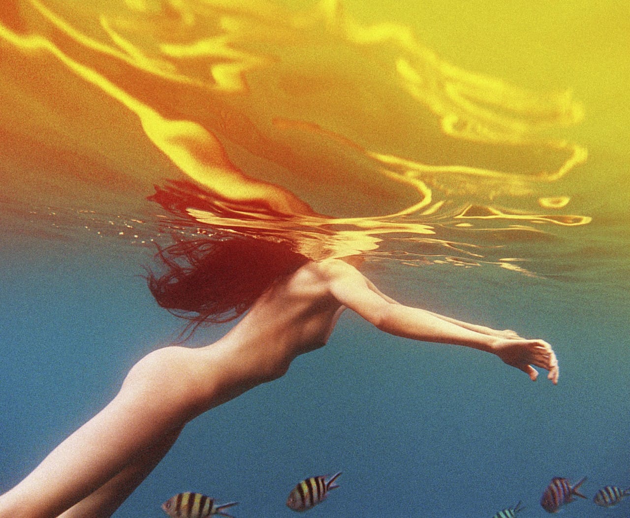 corps femme eau jaune bleue poissons 