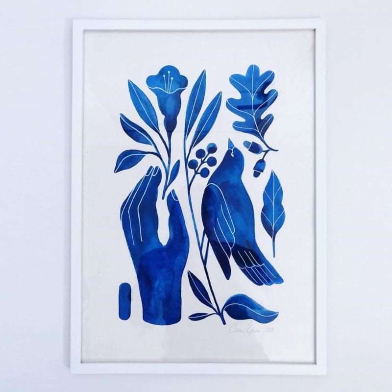 tableau peinture bleu foncé oiseau main plantes Carmen Maria Traud 