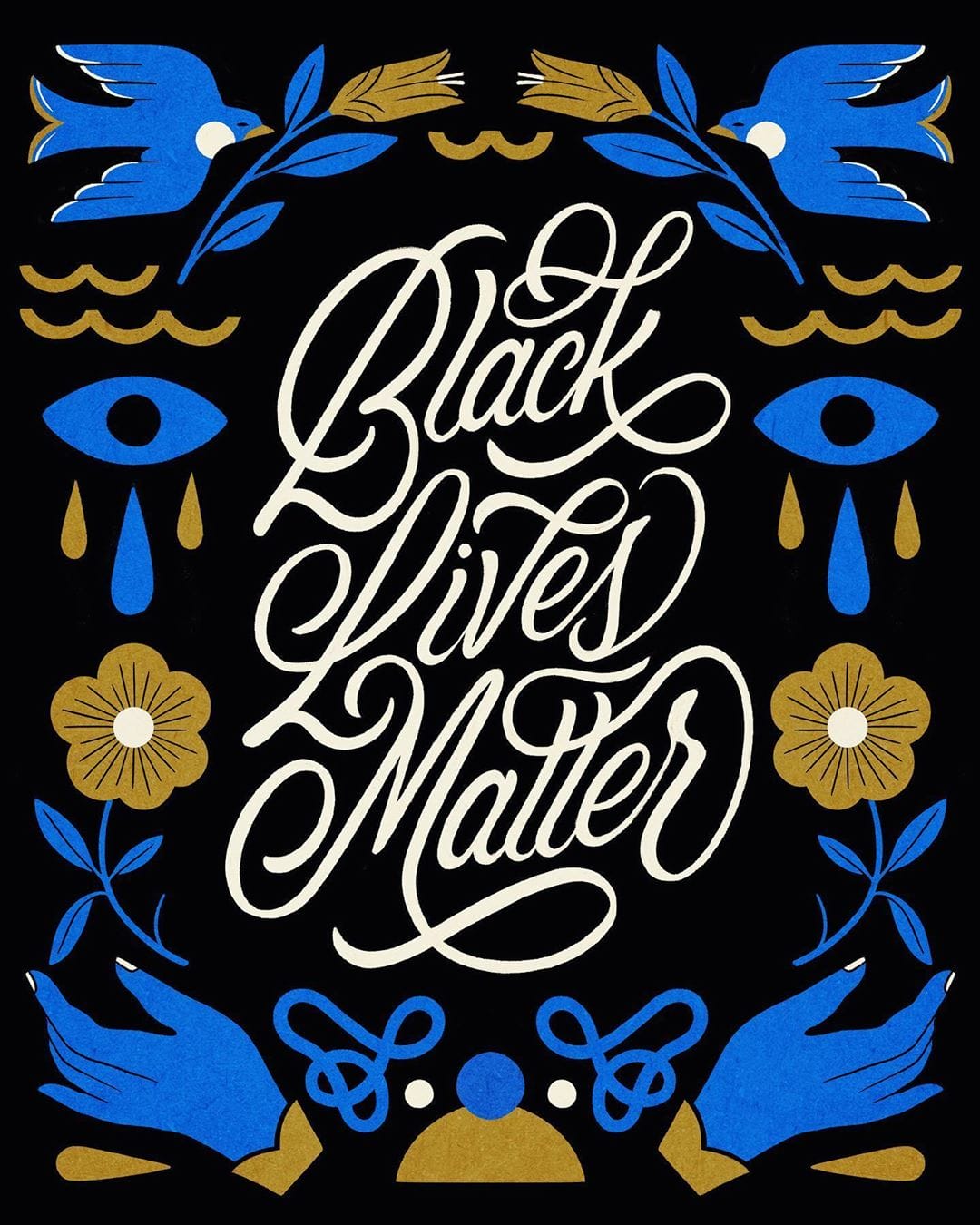 black livres matter larmes yeux bleu foncé or fleurs tiges bleu pétales or 