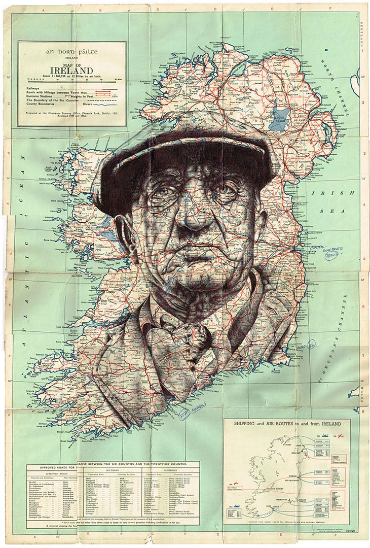 homme képi vieux carte Irlande verte ancienne routes rouges 