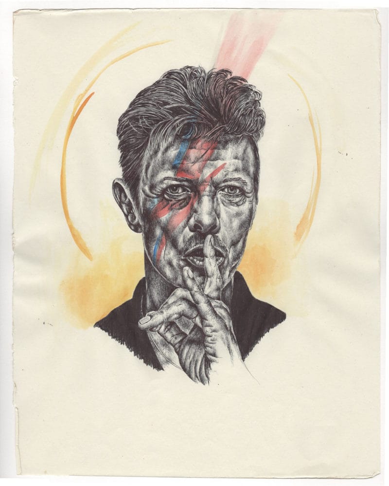 David Bowie dessin éclair rouge bleu main sur la bouche 