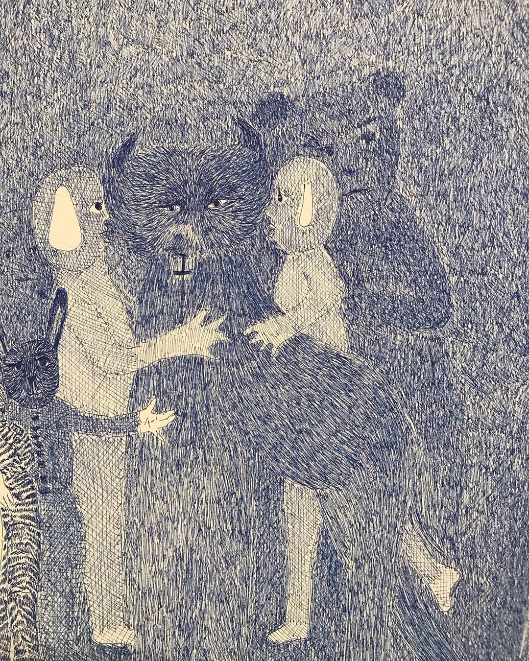 dessin stylo bic bleu foncé animal ours famille 