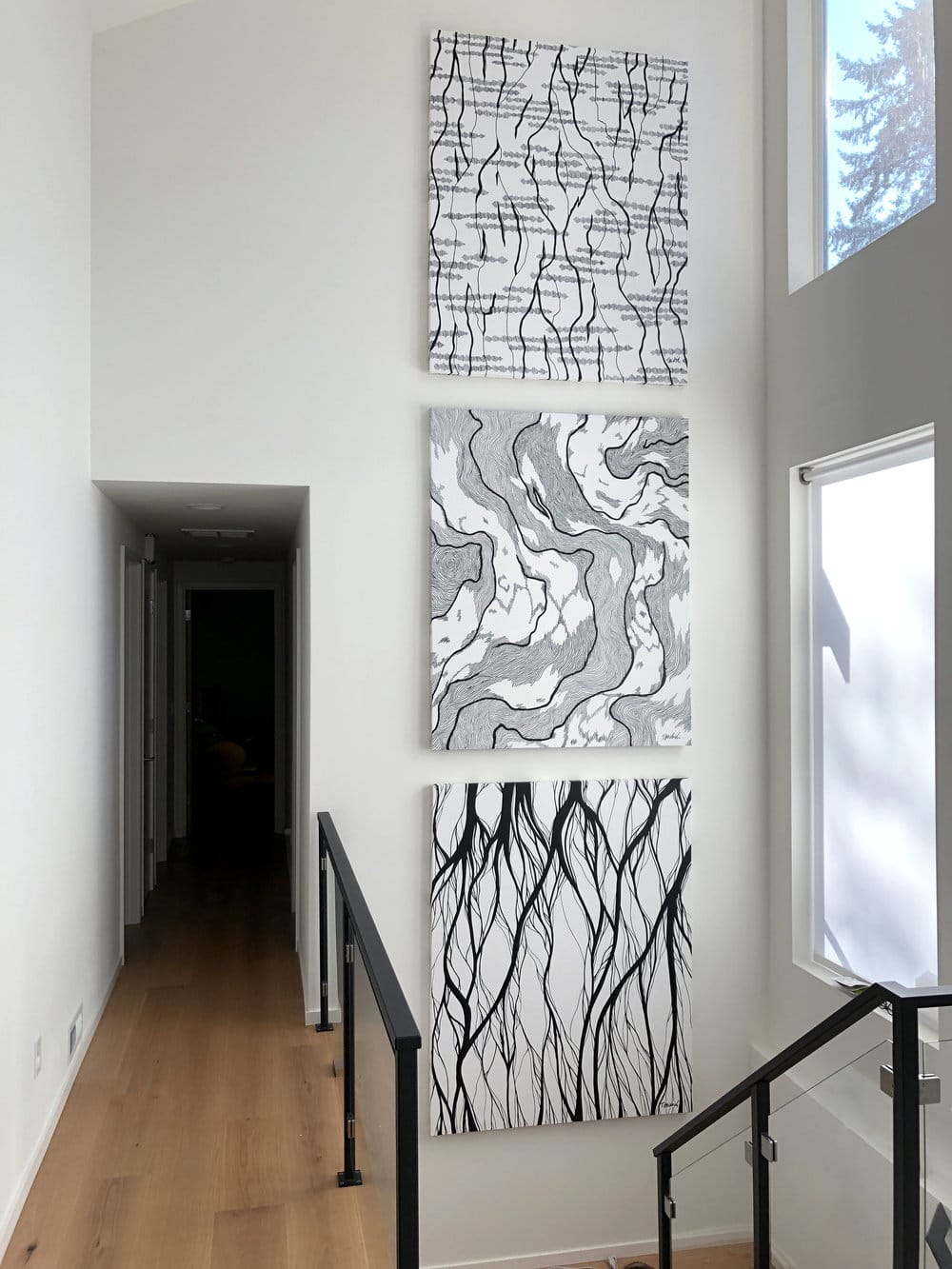 3 tableaux appartement noir et blanc inspirés par nature Tanya Heidrich écorce arbre sable 