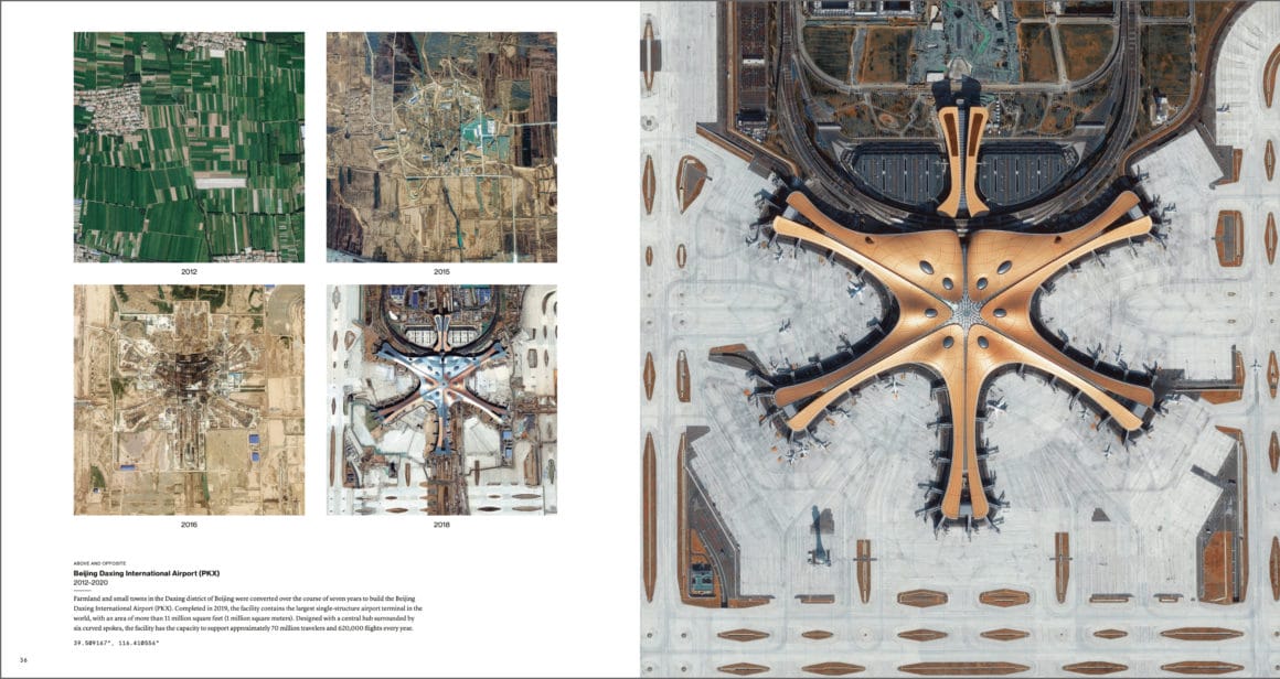 Double page du livre Overview Timelaspe concernant la construction de l'aéroport international de Beijing