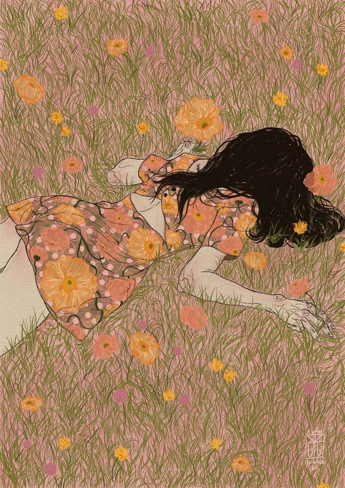 Käthe Butcher illustration jeune femme dans un champs de fleurs