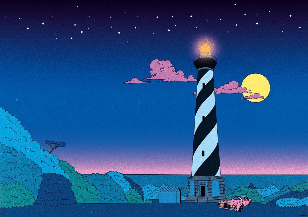 "Lighthouse Dream" est une illustration d'un phare réalisée par l'artiste Cosmo