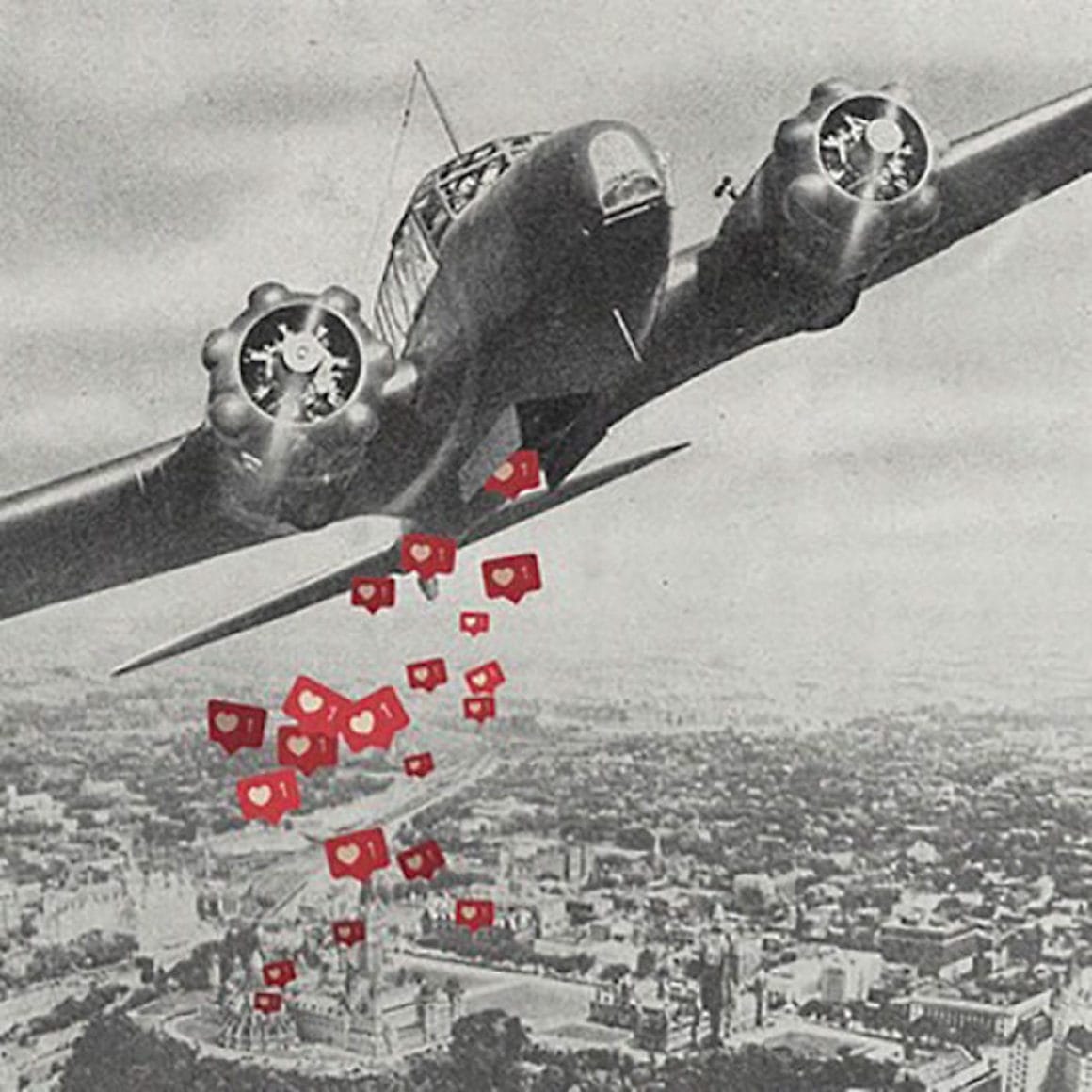 Un collage surprenant de Mohanad Shuraideh représentant un avion larguant des bombes de like Instagram