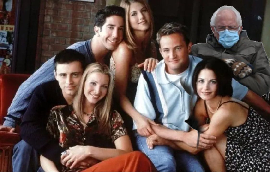 Affiche de la série "Friends" sur laquelle figure les six personnages principaux et derrière eux, Bernie Sanders est rajouté
