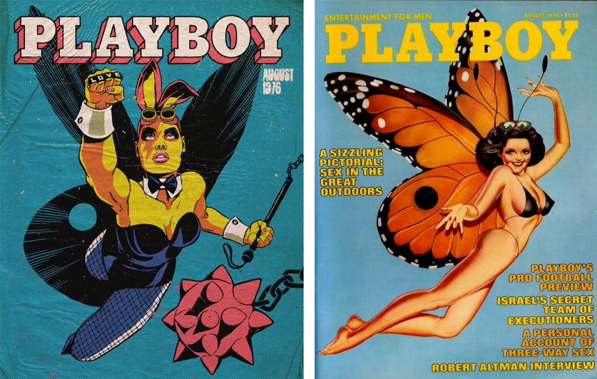 À droite la couverture d'un numéro du magazine playboy, écriture jaune et orange, fond bleu sur lequel il y a une femme en bikini qui a des ailes de papillon. À gauche, cette couverture est retravaillée par Butcher Billy : la femme est plus musclée et est coiffée des oreilles de lapin Playboy. Ses ailes sont noires.