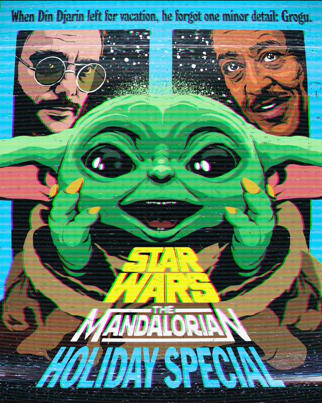 Affiche pour Stars Wars, Yoda, personnage vert aux grandes oreilles au premier plan et derrière deux hommes. 