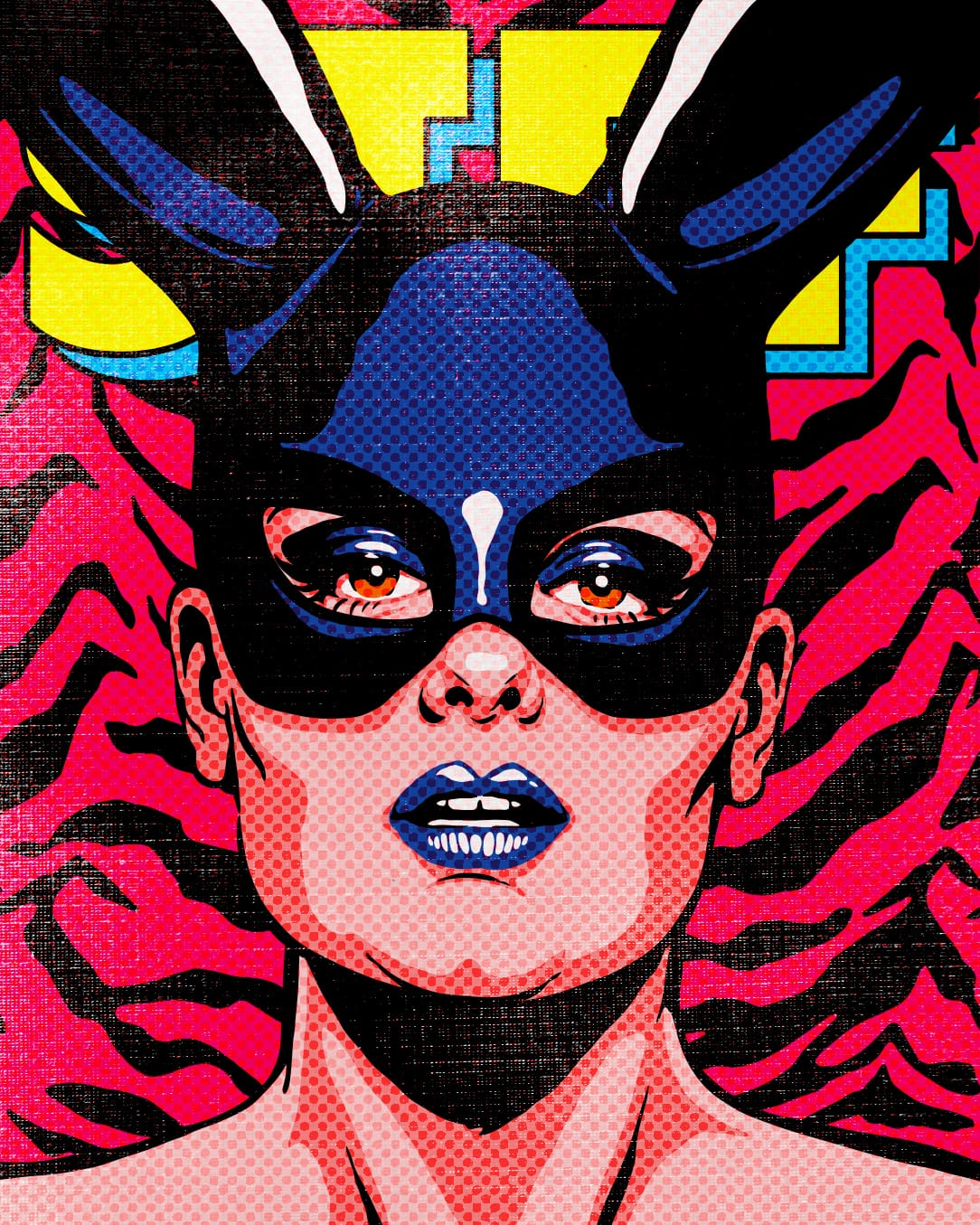 Illustration en couleur : sur un fond zébré rouge et noir, portrait d'une femme qui porte un masque noir sur le haut de son visage et qui finit par deux grandes oreilles de lapin. Derrière les oreilles on devine une écriture jaune et bleu.