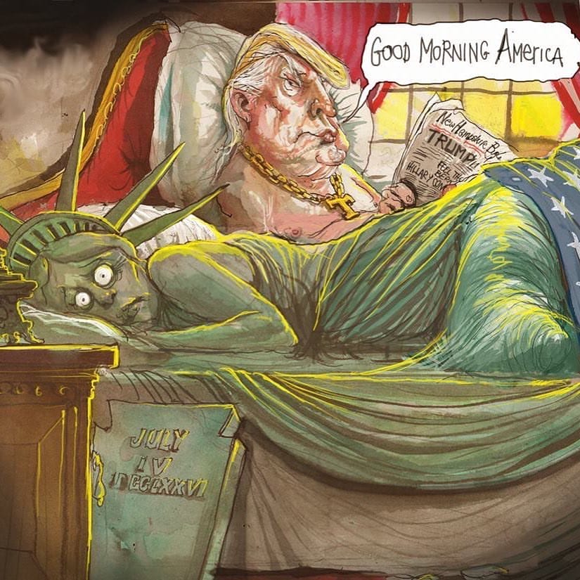 Caricature de Trump, dans un lit avec la statue de la liberté qui est terrifiée