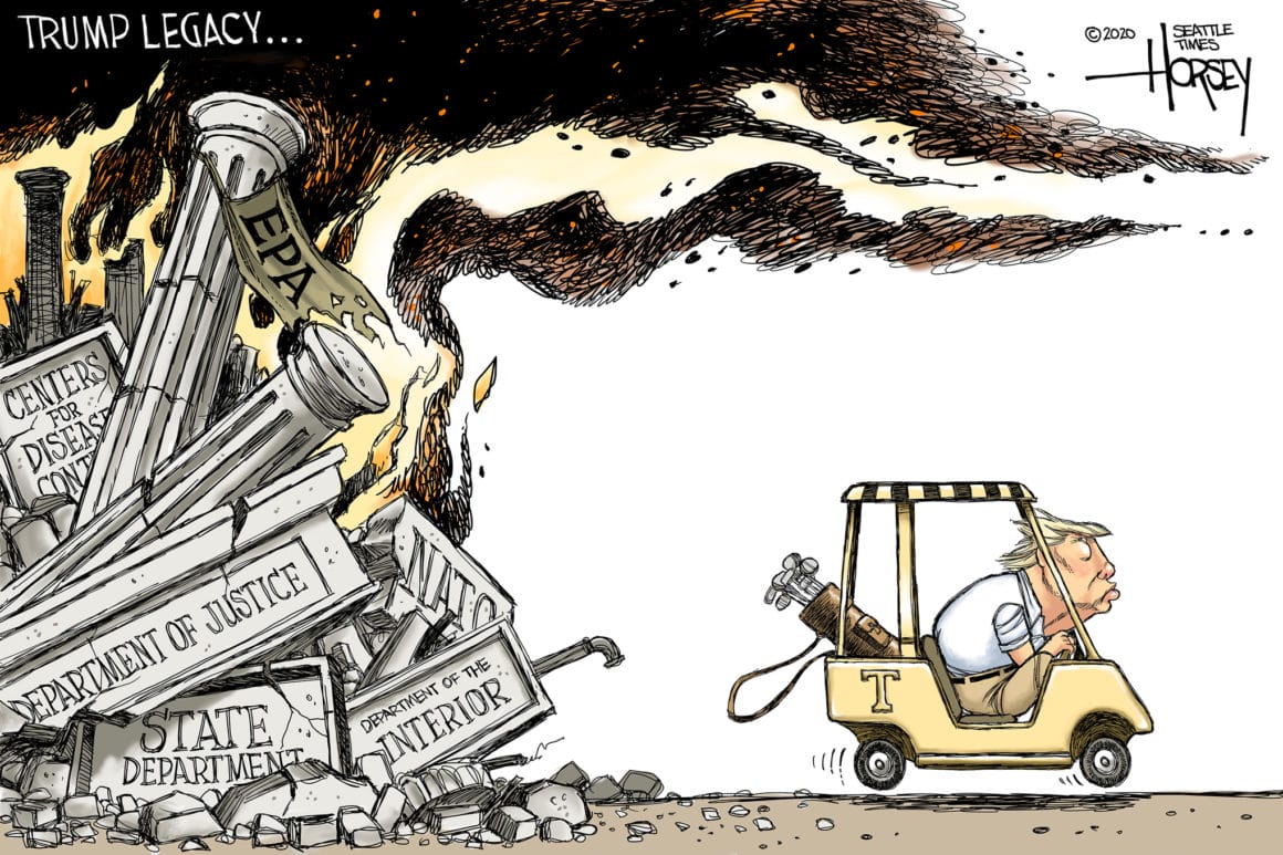 Caricature de Trump qui s'en va dans sa voiturette de golf après avoir massacré les valeurs américaines et le Capitole