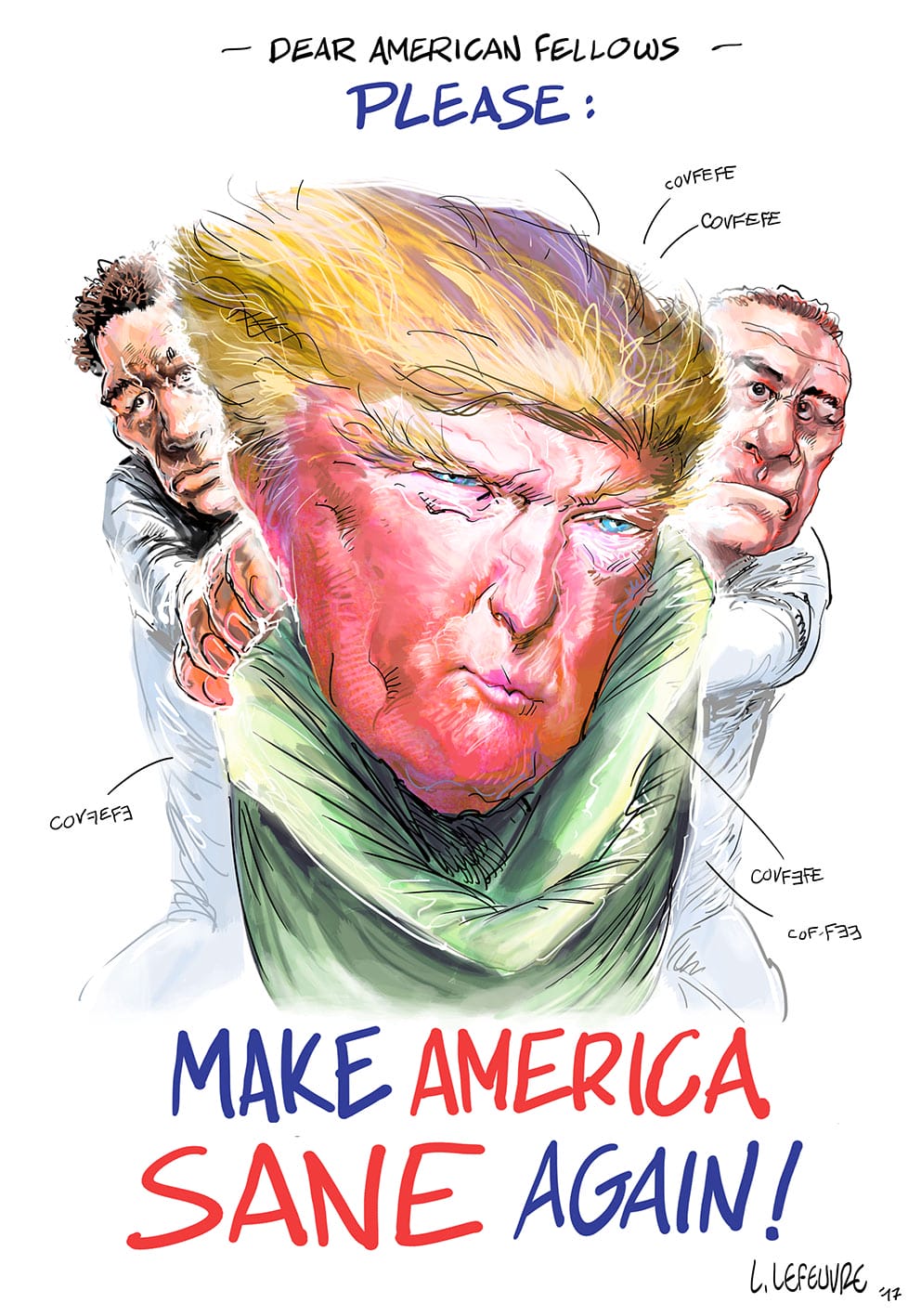 Caricature de Trump, le visage très rouge et bloqué par une camisole