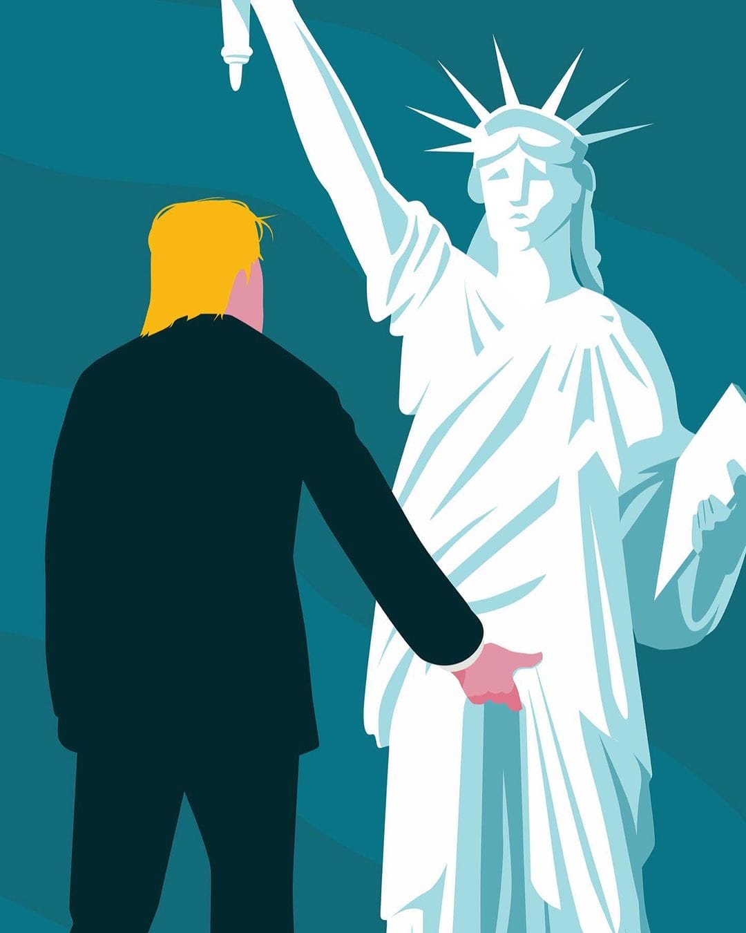 Caricature de Trump qui agresse la statue de la liberté