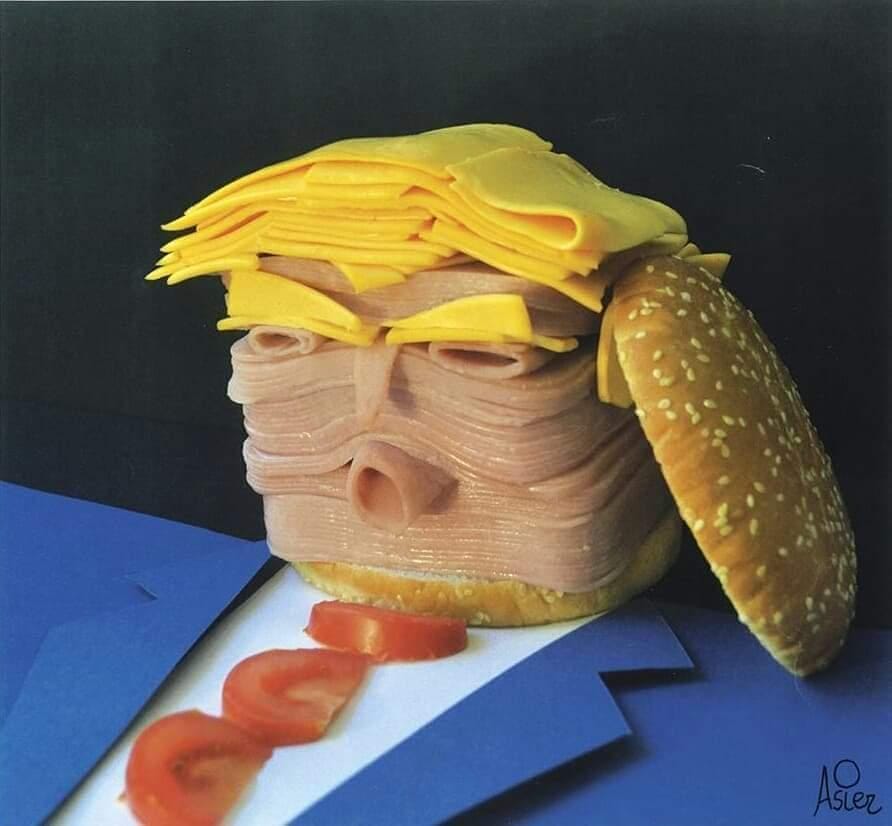 Visage de Trump fait avec des ingrédients d'hamburger