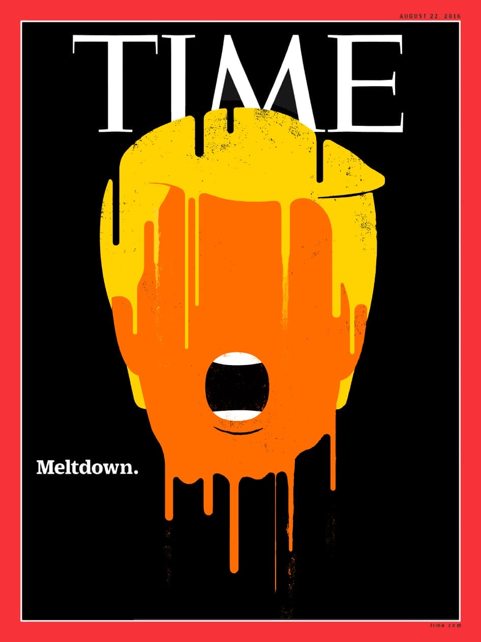 Caricature de Trump pour le TIME, son visage dégouline sur un fond noir