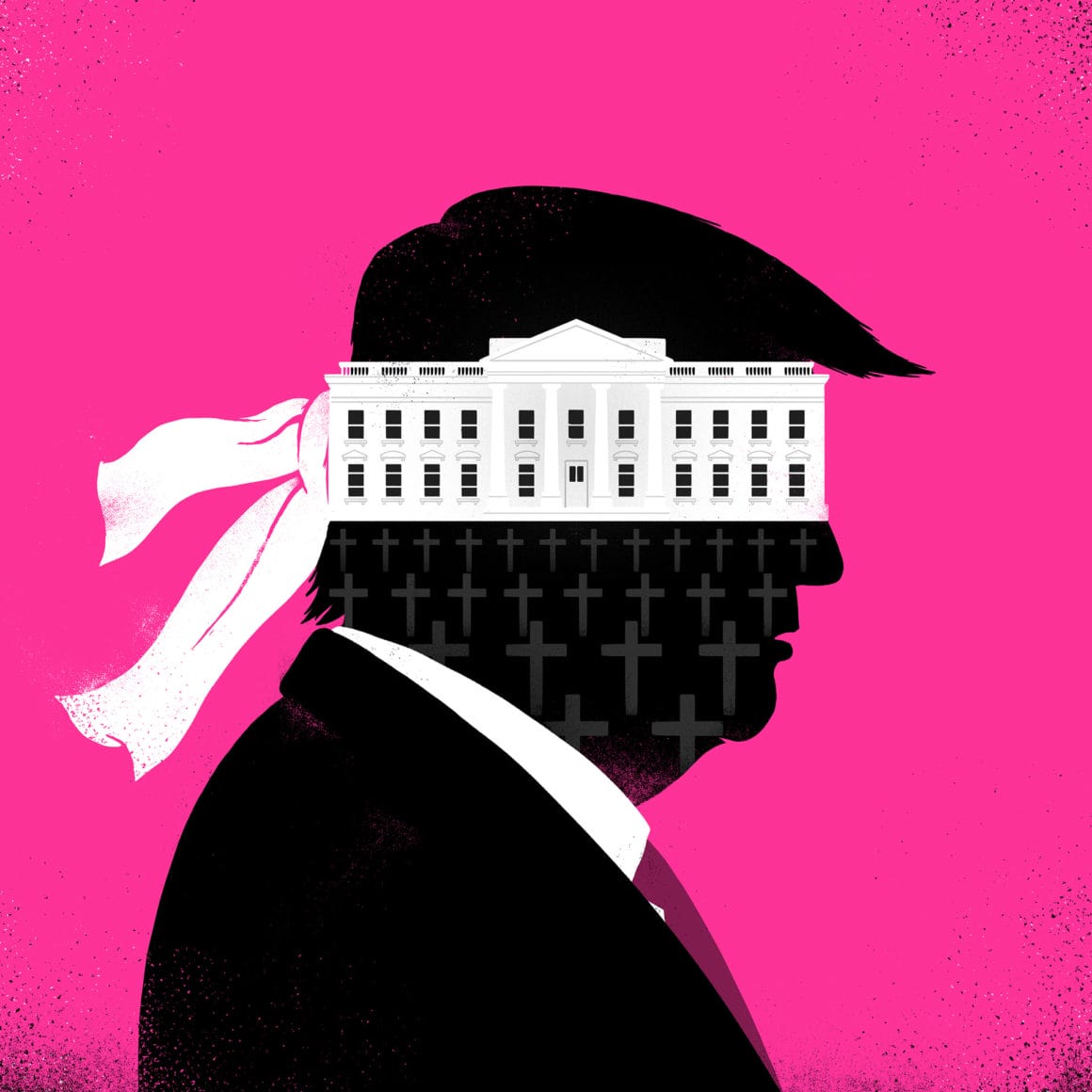 Sur fond rose, le profil de Trump est poché en noir et à l'intérieur de ce profil il y a le Capitole ainsi que des croix tombales.