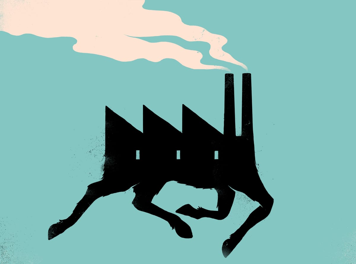 Sur fond bleu ciel, une créature aux jambes de cheval et au haut du corps qui représente une usine qui fait de la fumée