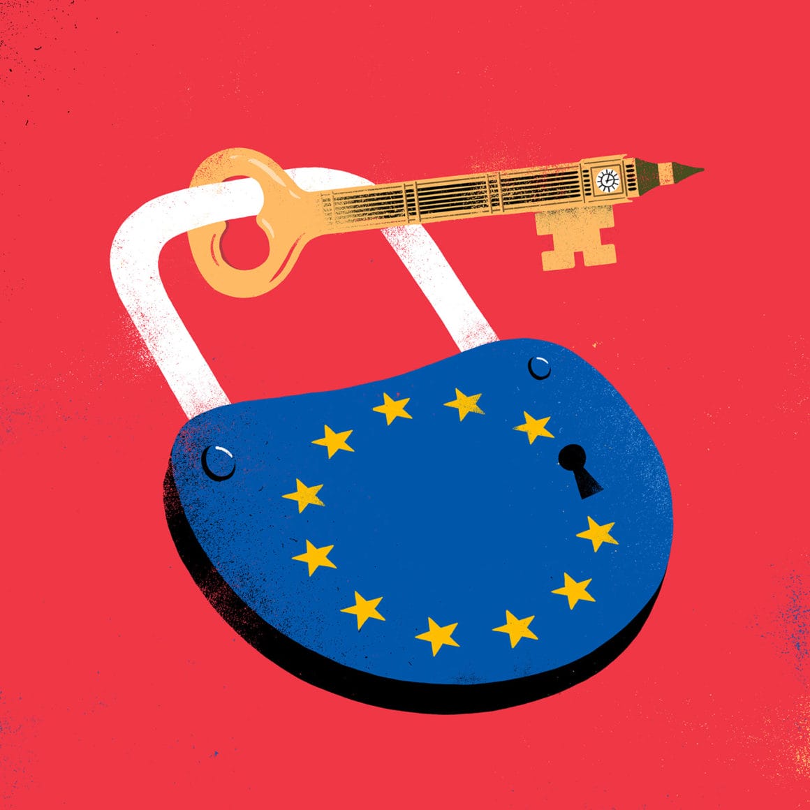 Illustration de Sébastien Thibault Sur fond rouge, un cadenas sur lequel est peint le drapeau de l'Union Européenne. Une clé est attachée au fermoir, elle représente la tour du Big Ben