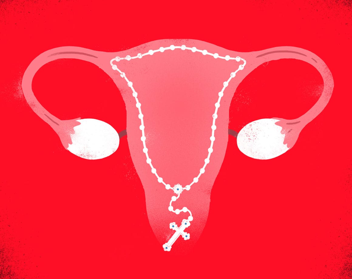 Sur fond rouge, illustration d'un utérus dans lequel est inséré un chapelet.