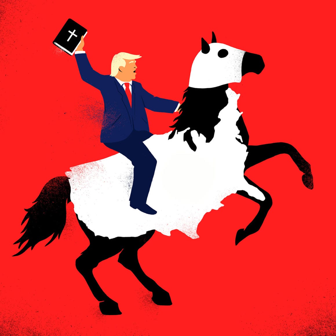 Sur fond rouge, Trump monte un cheval noir qui est recouvert d'une couverture représentant la carte des Etats-Unis et un masque ressemblant à celui du KKK. Trump tient un