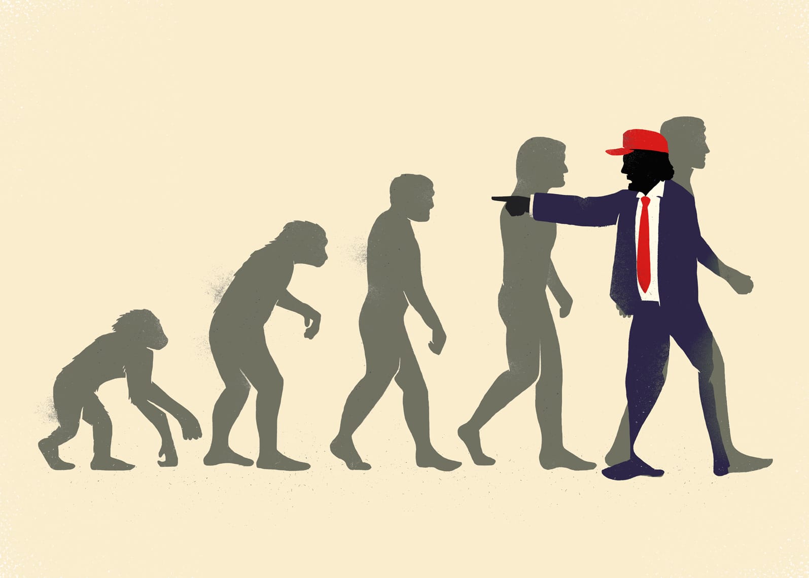 Sur fond jaune pâle, les silhouettes des différentes étapes de l'évolution de l'homme sont pochées en gris. Trump est représenté comme allant dans le sens inverse de l'évolution et pointant du doigt le passé.