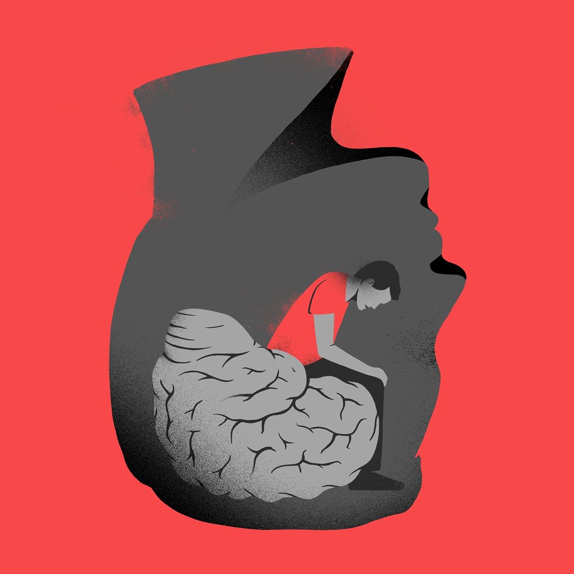 Sur fond rouge, une tête est pochée à l'envers (le cou en haut). A l'intérieur de la tête un homme est assis sur le cerveau.