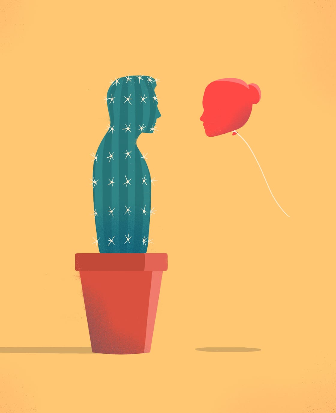 Sur fond orange un cactus en forme d'homme fait face à un ballon de baudruche rouge qui représente un visage de femme