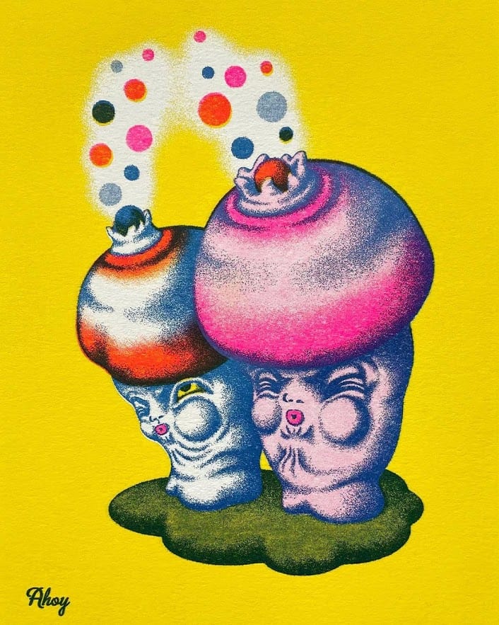 Deux champignons dont sortir des billes de couleurs de leur tête