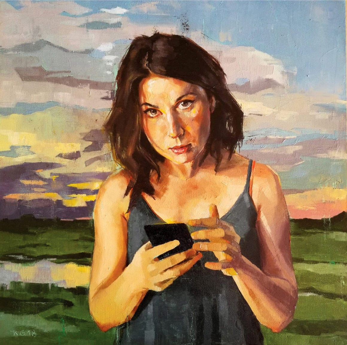  Kseniya Galper, peinture  de Femme sur son téléphone