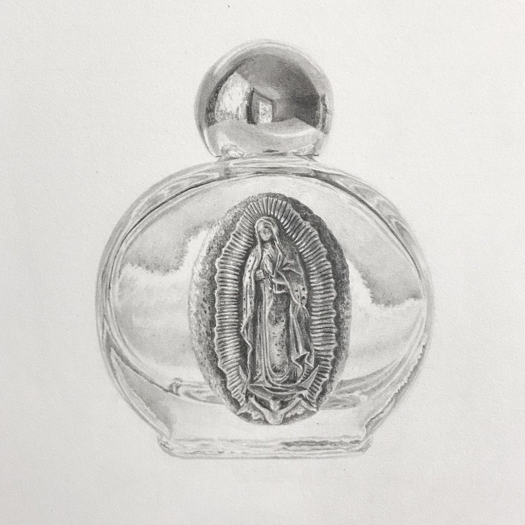 Petite Marie priant enfermée dans un objet en verre, dessin en noir et blanc