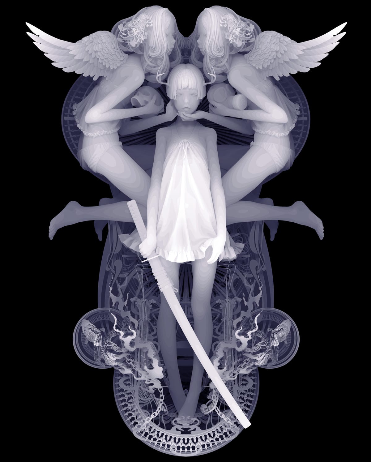 Autour d'une femme qui tient un sabre volent deux anges qui tiennent des têtes de mort.