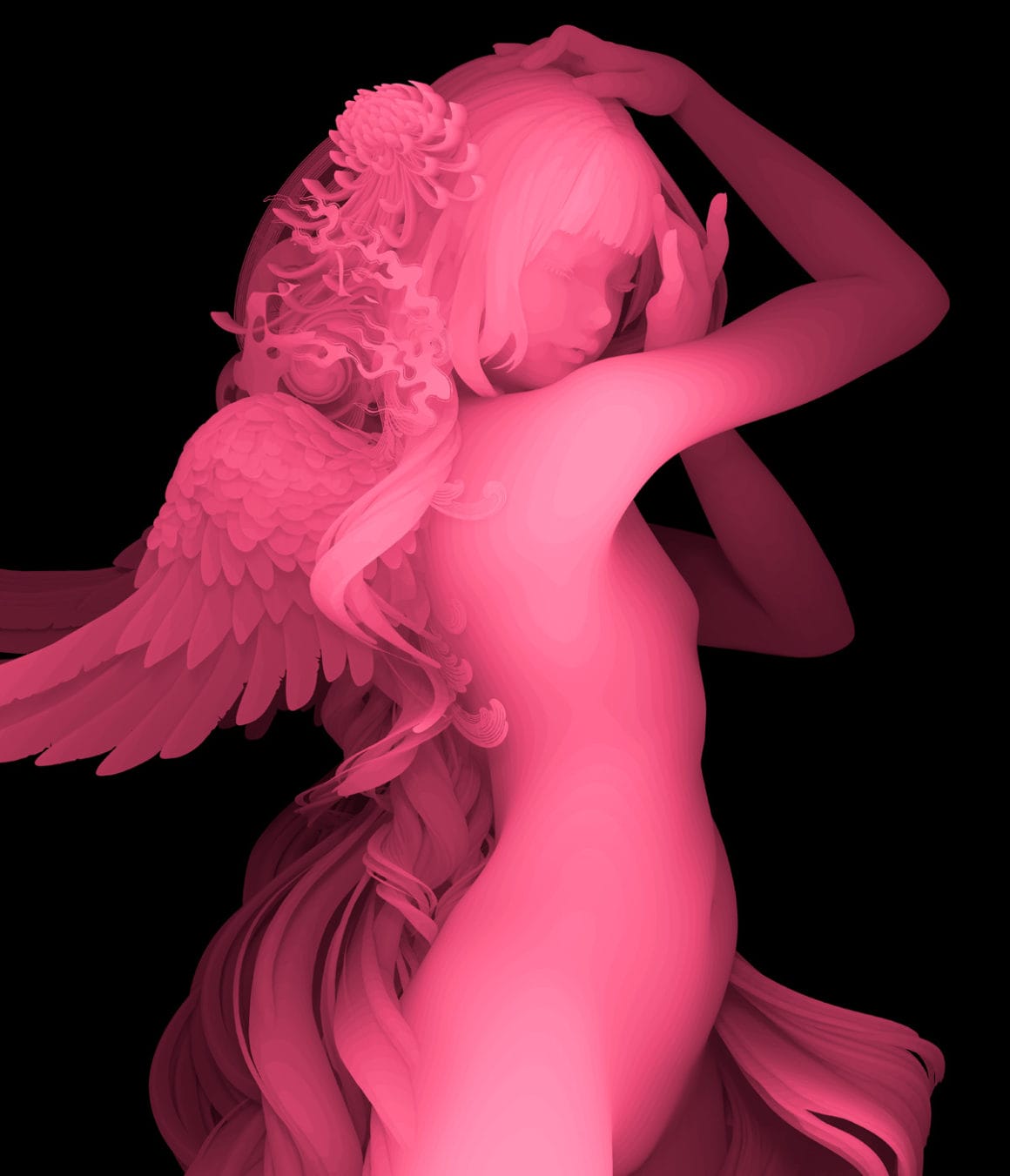 Femme nue toute rose, elle prend la pose. Elle a des ailes dans son dos et des fleurs dans ses cheveux.