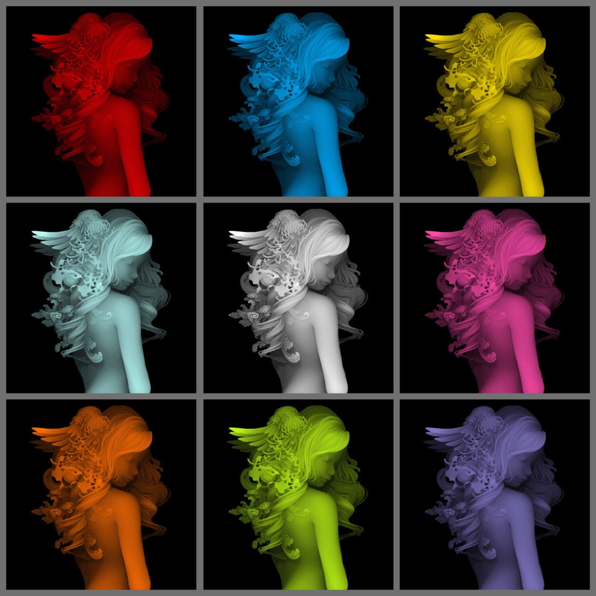 Le même buste de femme est représenté plusieurs fois, en couleurs différentes.  Femme aux cheveux abondants dans lesquels il y a une paire d'ailes et des fleurs
