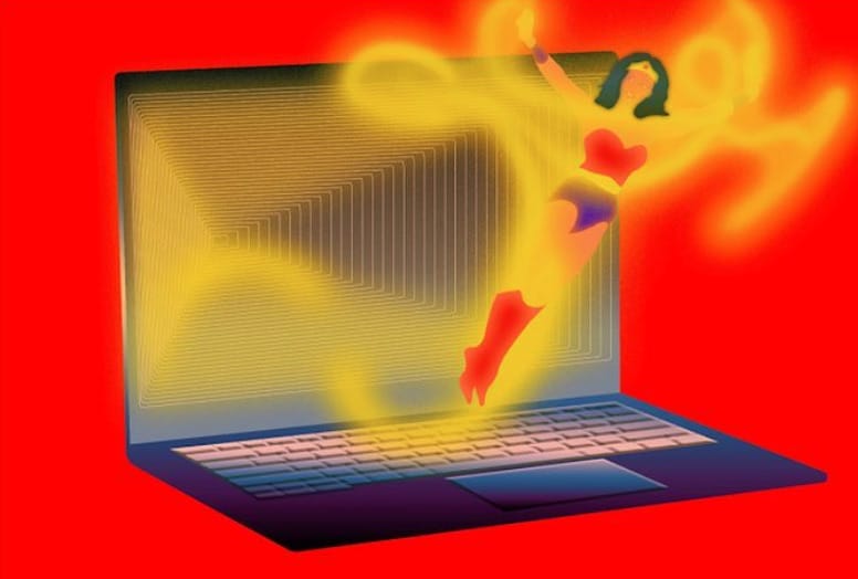 Wonder Woman sortant d'un ordinateur, photo pour le New York Times