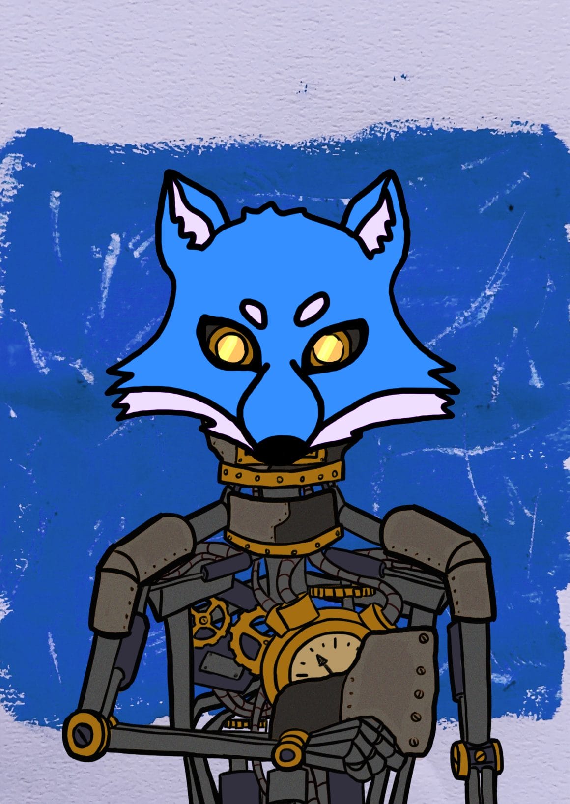 Fond bleu, personnage fait de métal avec un masque de loup bleu