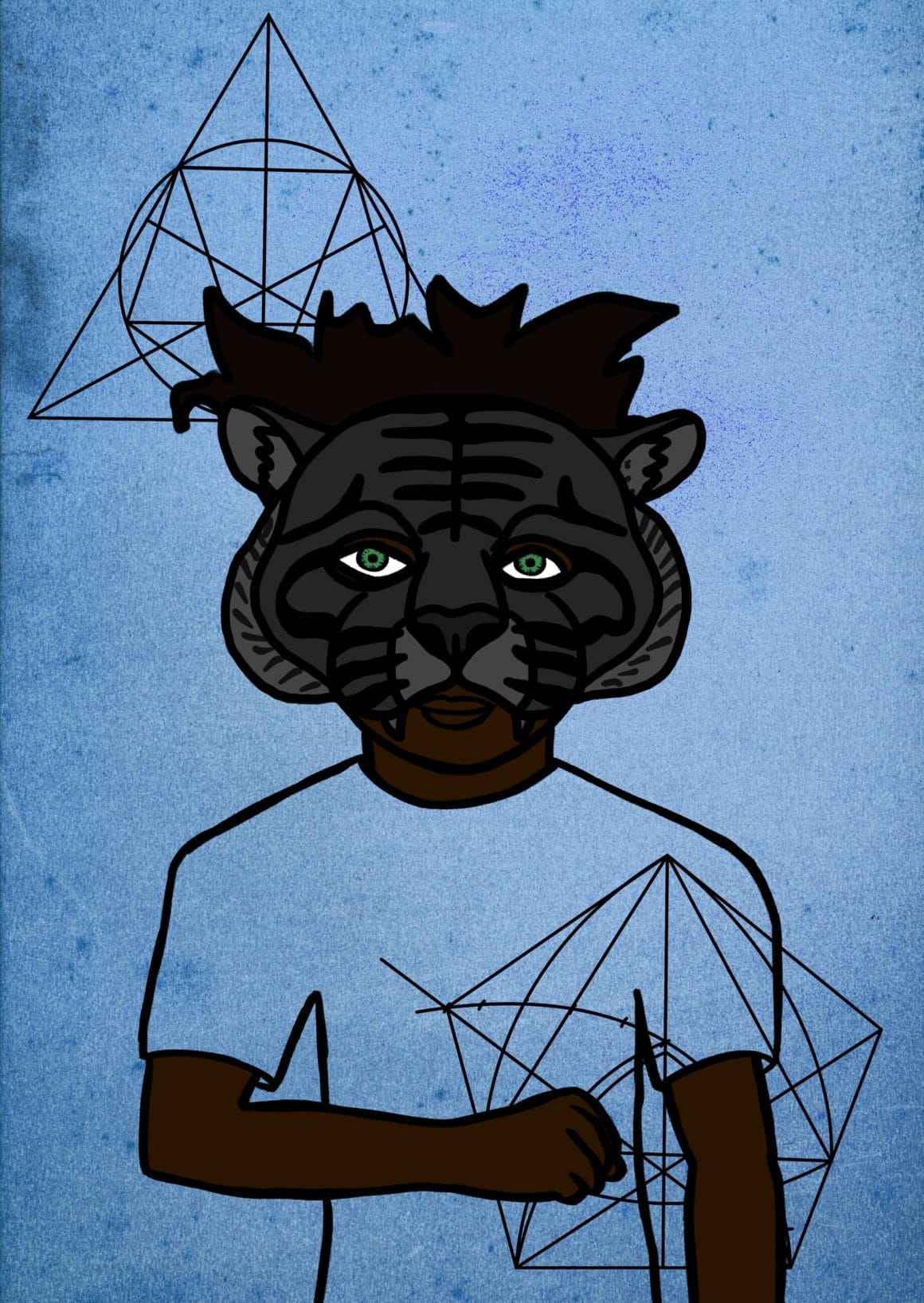 Fond bleu, personnage qui porte un masque de tigre gris