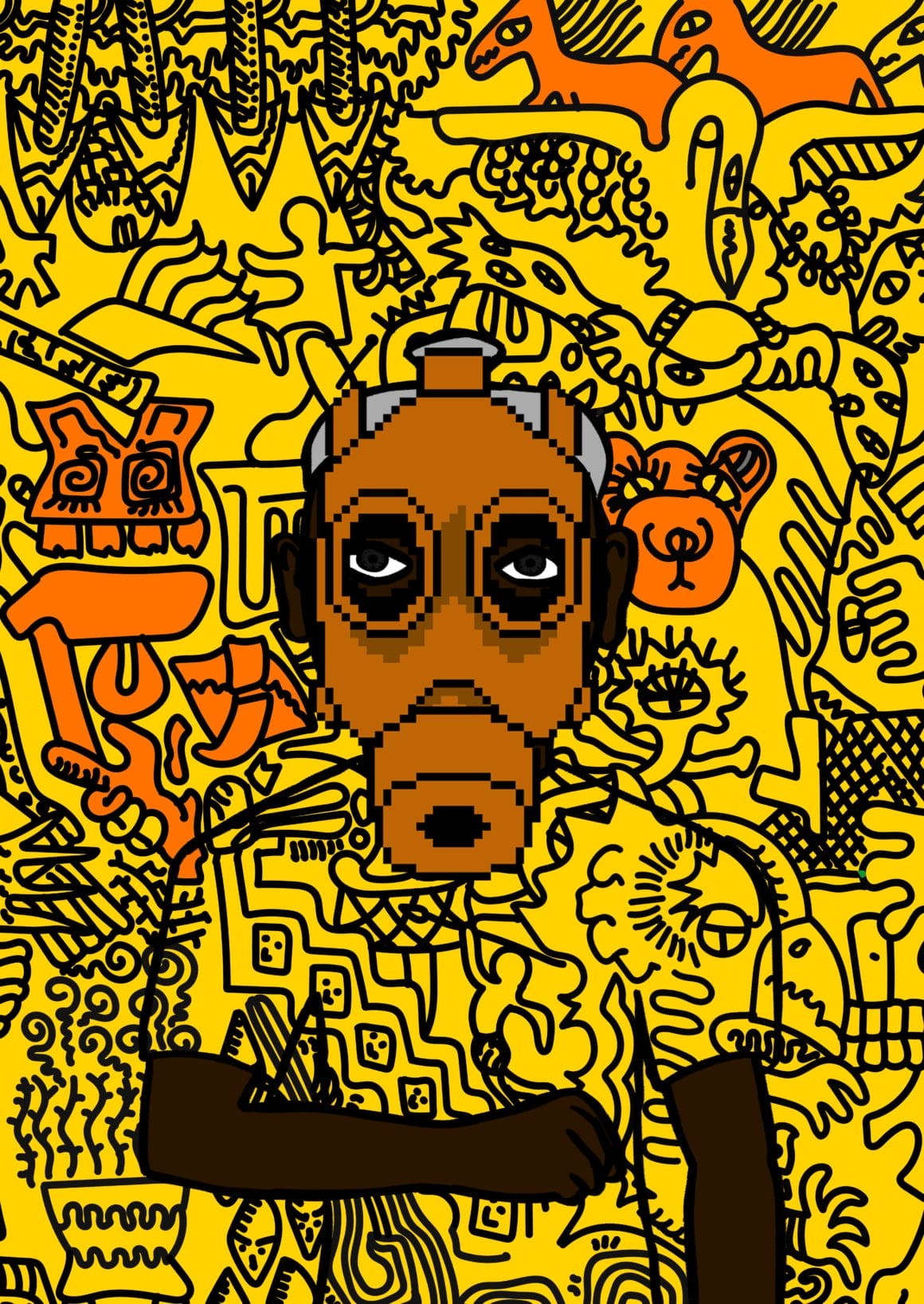 Le tee shirt du personnage et le fond ont les mêmes motifs noirs sur jaune. Le personnage porte un masque orange.