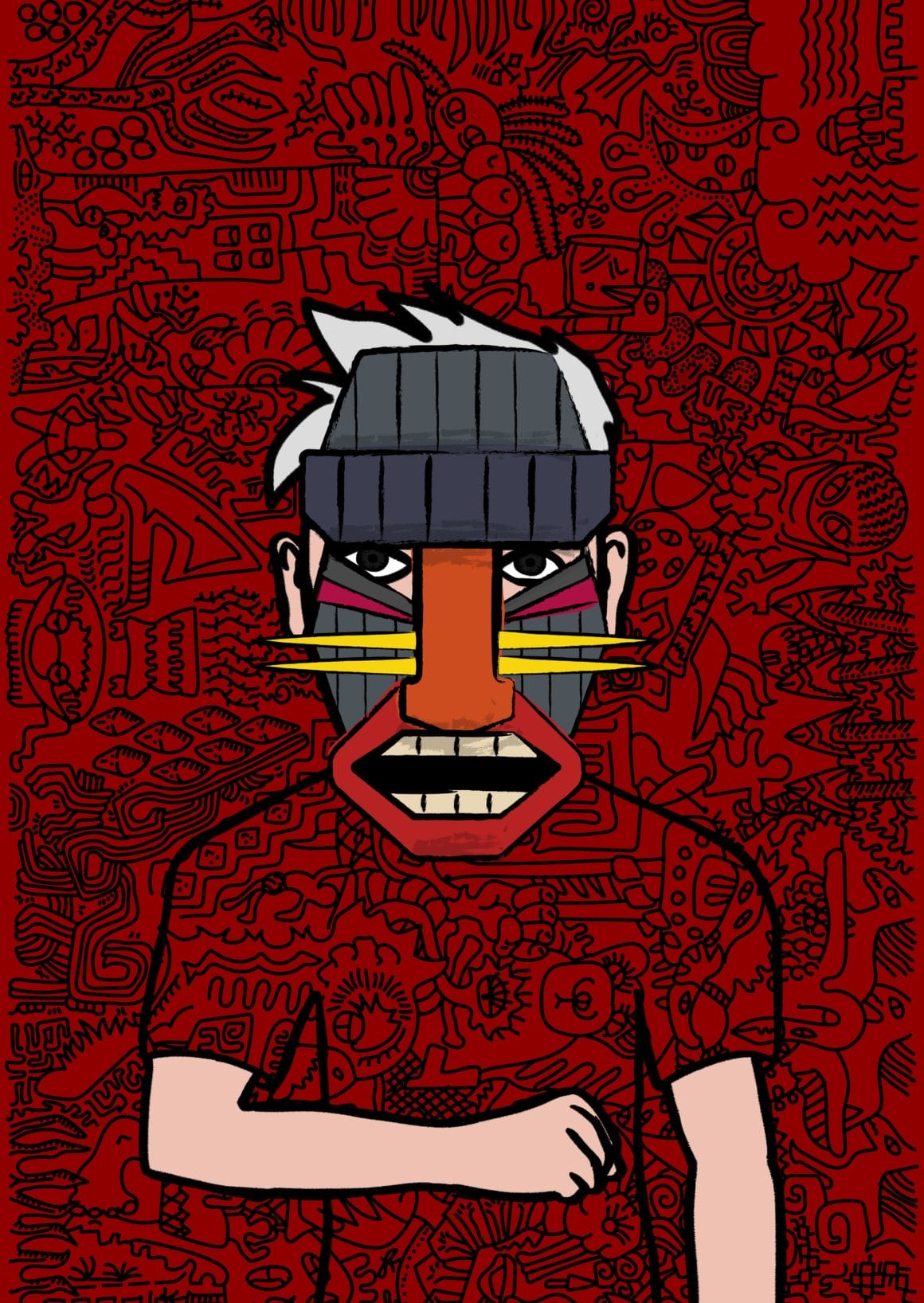 Le fond et le tee shirt du personnage reprennent les mêmes motifs noirs sur fond rouge. Un grand masque cache le visage du personnage.